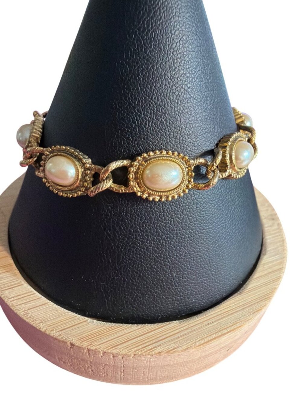 Vintage 1928 Gold Tone Bracelet Faux Pearl Oval Links Fold Over Estate 6.75"